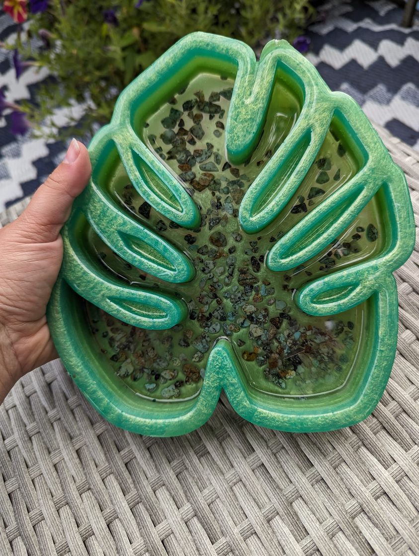 Monstera Leaf trinket dish, mini crystal shelf with rhyolite pieces