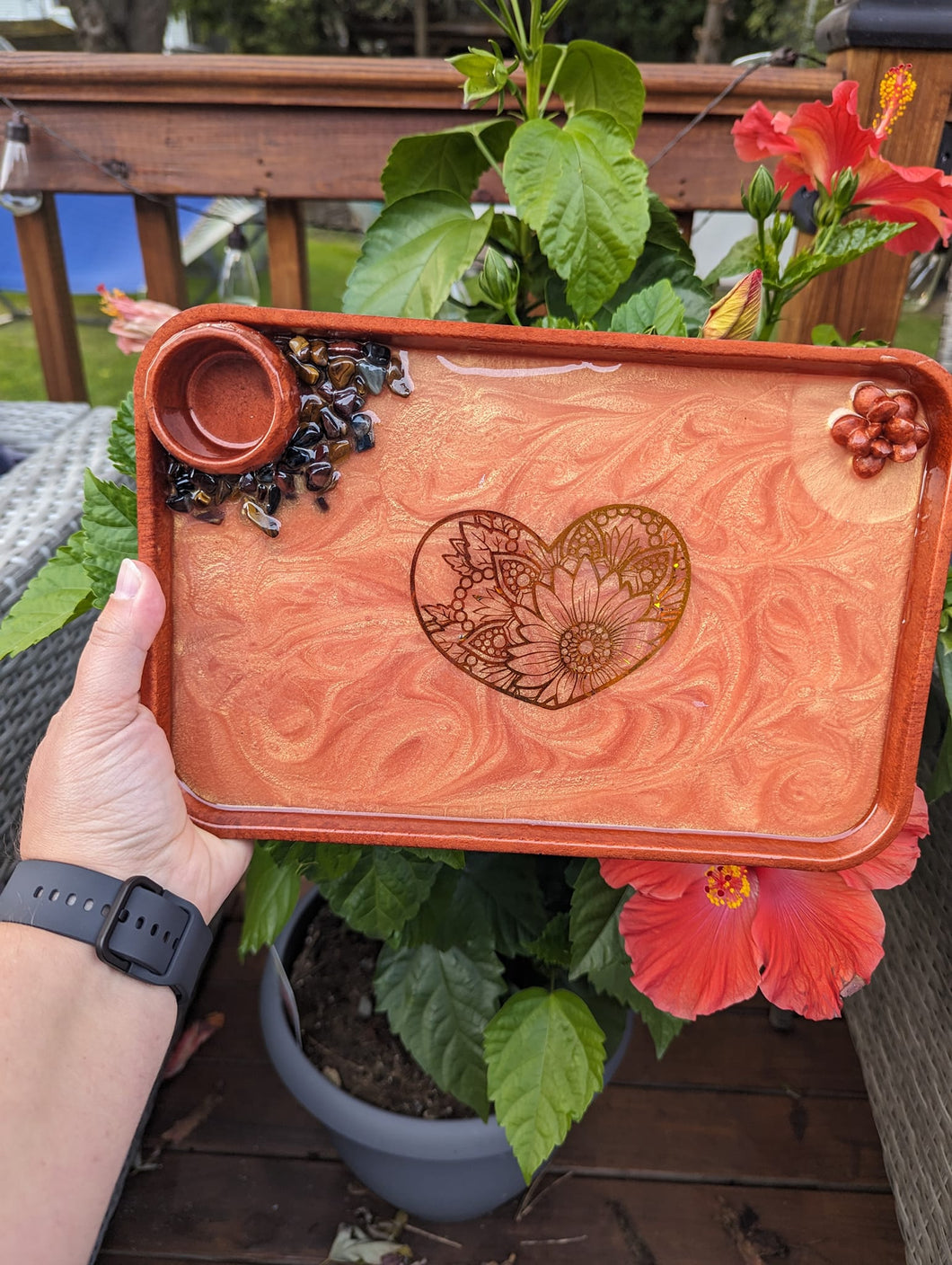 Fall themed rolling tray with tigers eye, trinket dish tray with flower design