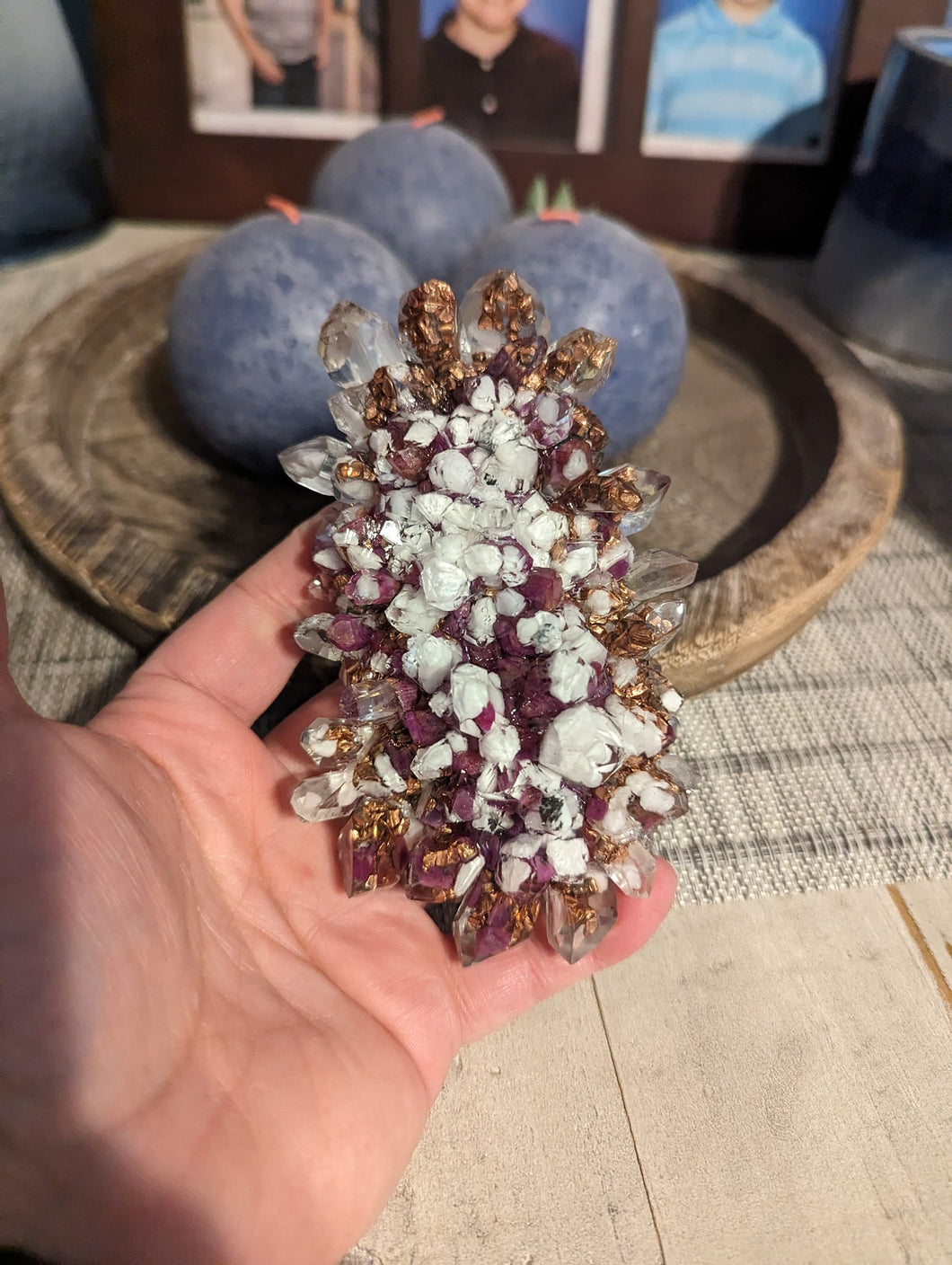 Crystal Cluster shaped orgonite with mangano calcite, ruby and copper