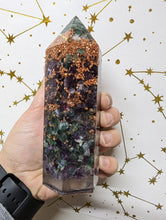Load image into Gallery viewer, Large tower orgonite with amethyst, moss agate and copper

