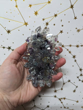 Load image into Gallery viewer, Crystal Cluster shaped orgonite with fluorite and aluminum.
